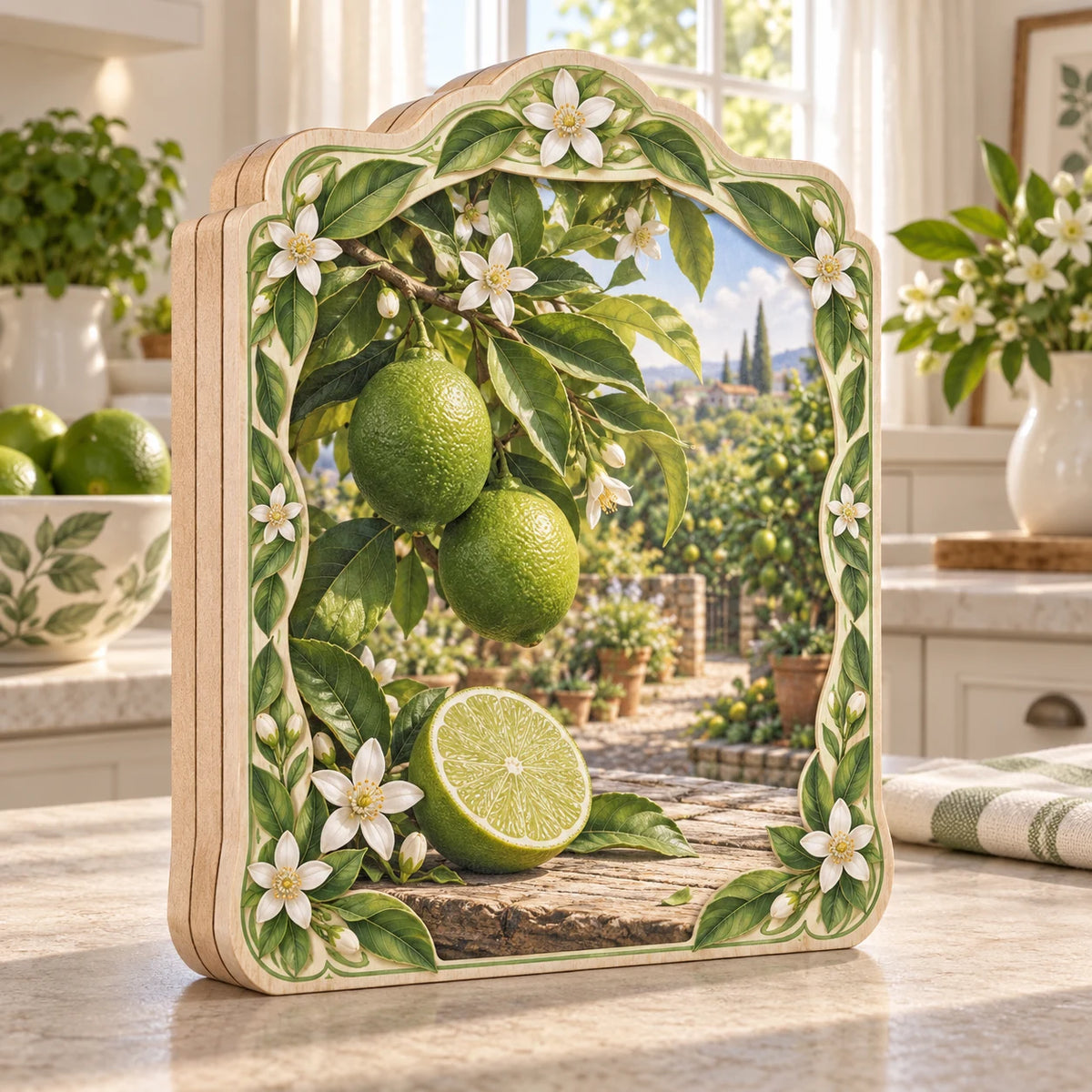 Green lime branch and cut lime printed 3D wooden block 3 layer with white citrus blossom border