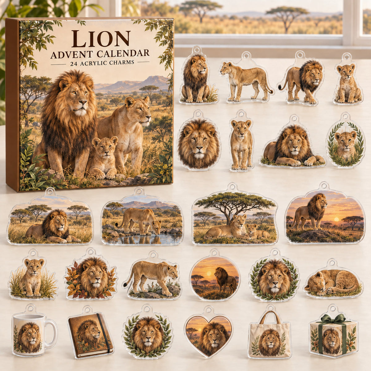 Lion advent calendar box with 24 themed flat printed acrylic charms