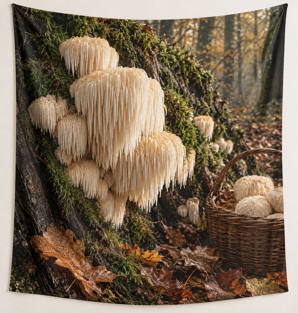 Lion Mane Mushroom Autumn Basket Wall Tapestry with printed dimensional artwork