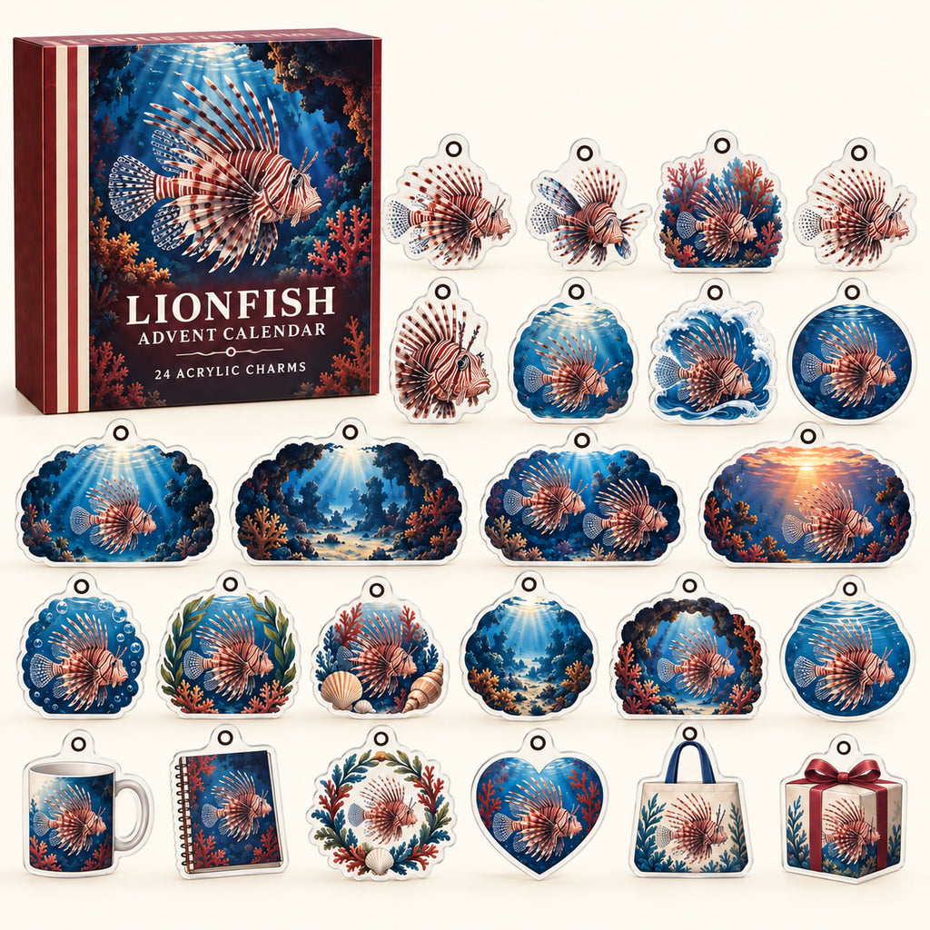 Lionfish advent calendar box with 24 themed flat printed acrylic charms