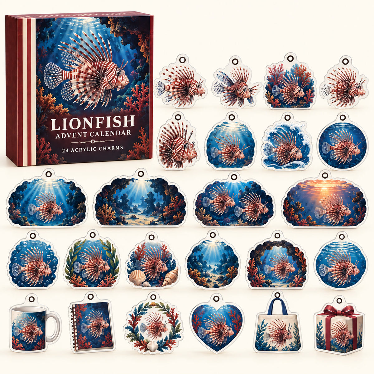 Lionfish advent calendar box with 24 themed flat printed acrylic charms
