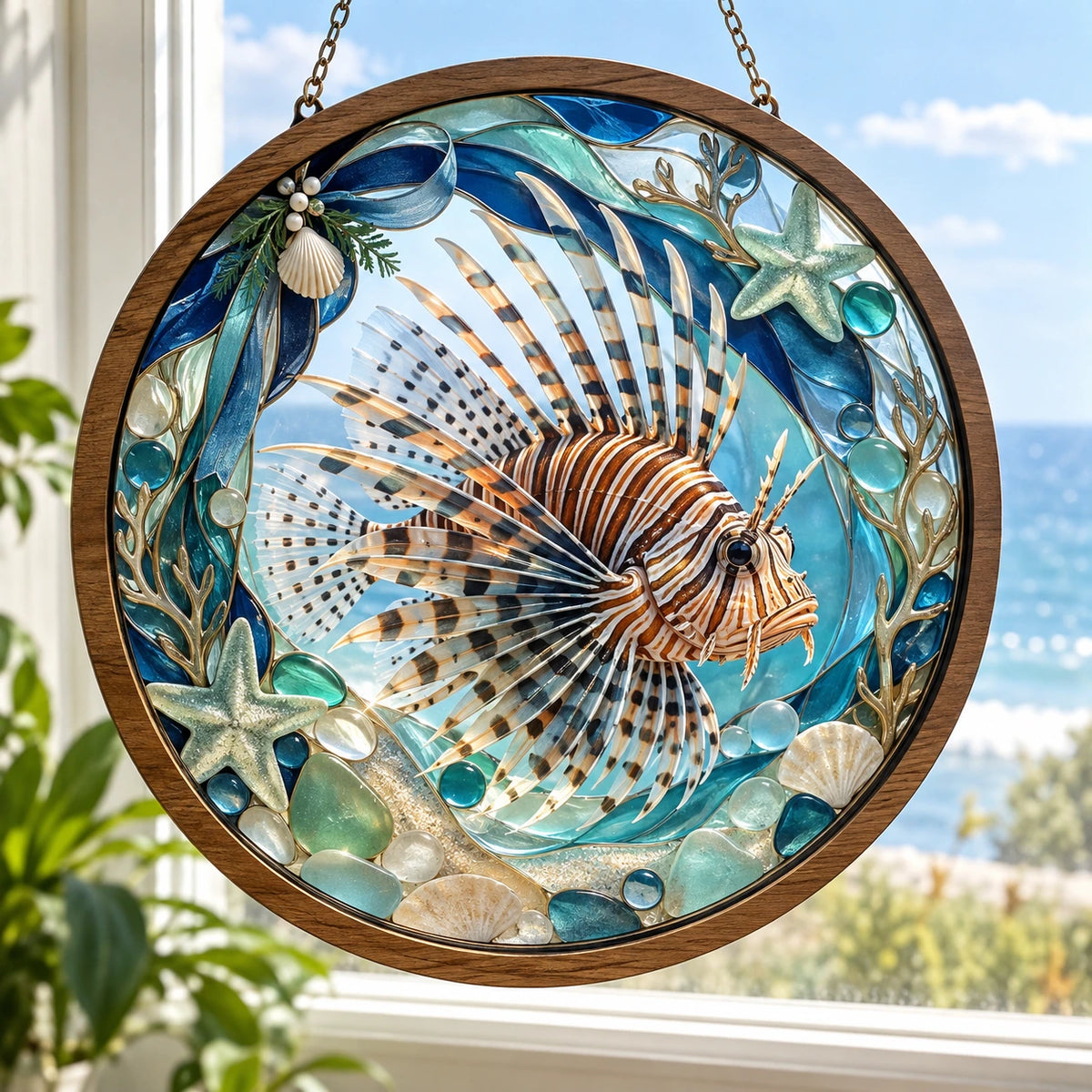 Lionfish Coastal Holiday Wood & Acrylic Suncatcher with printed dimensional artwork