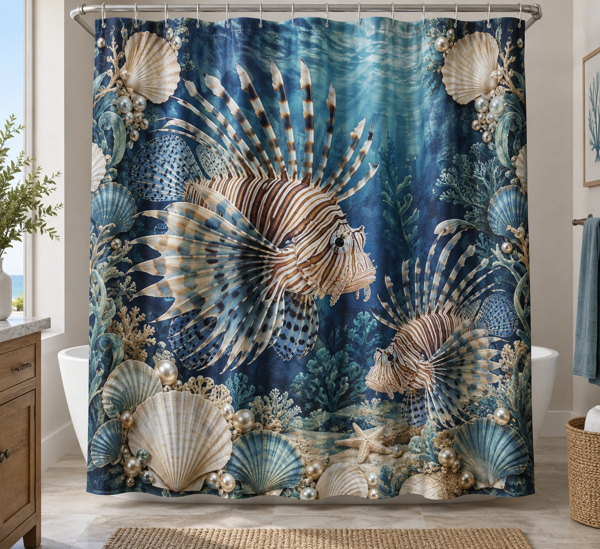 Lionfish Shell Cove Shower Curtain with printed dimensional artwork