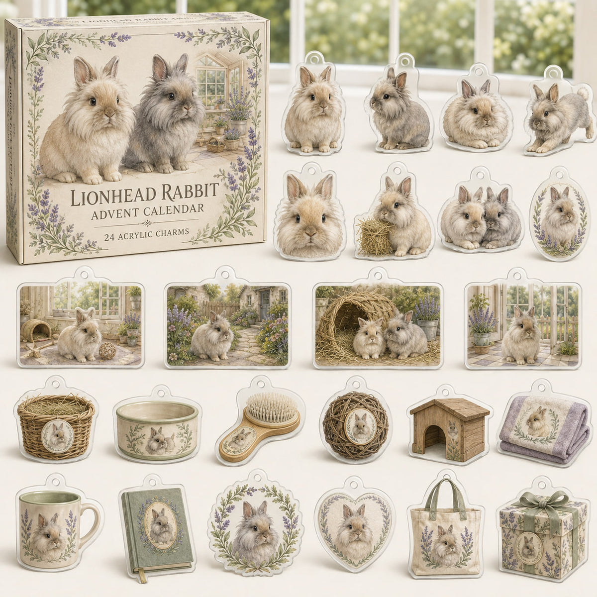 Lionhead Rabbit advent calendar box with 24 themed printed acrylic charms