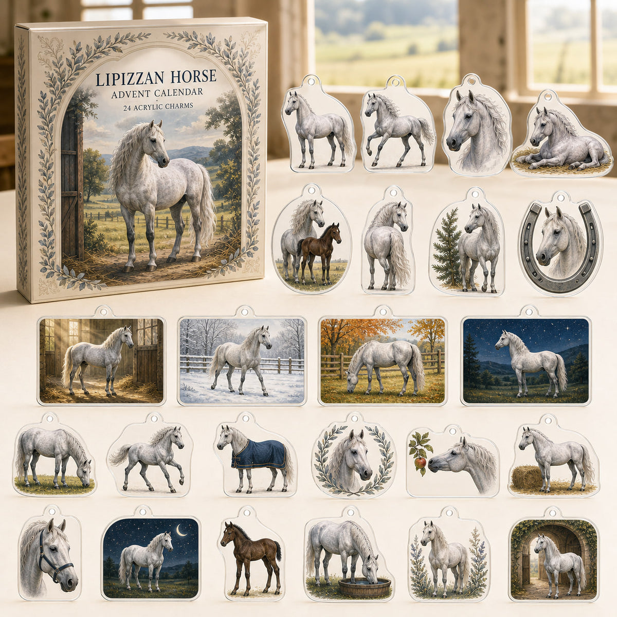 Lipizzan Horse advent calendar box and24 equestrian printed acrylic charms