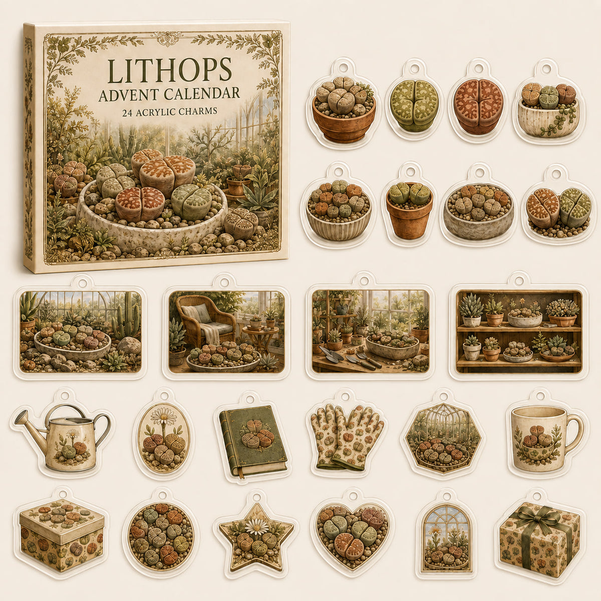 Lithops advent calendar box and 24 succulent-themed printed acrylic charms