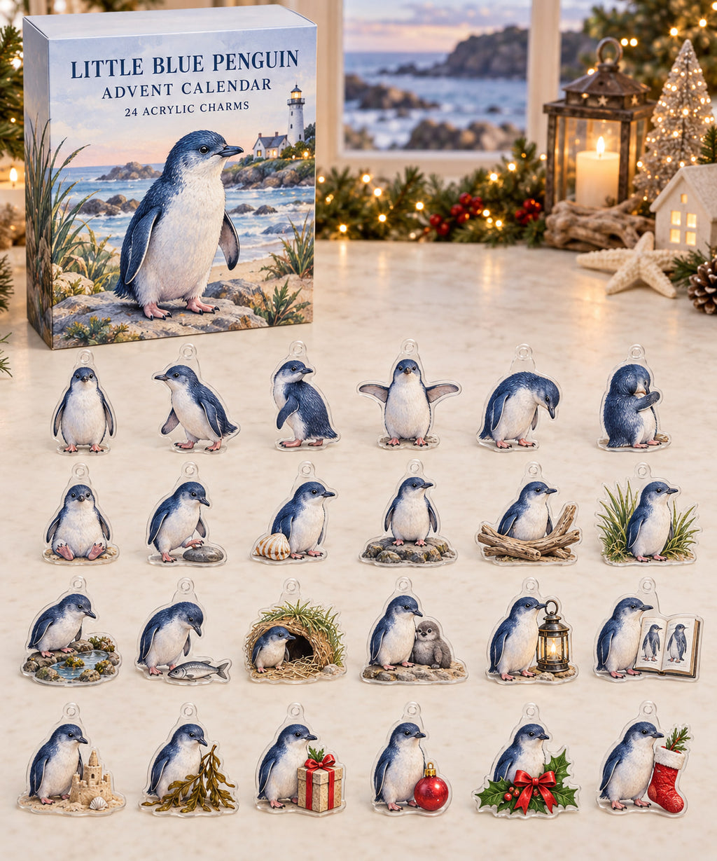 Little Blue Penguin advent calendar with 24 custom-shaped flat acrylic charms and printed dimensional artwork