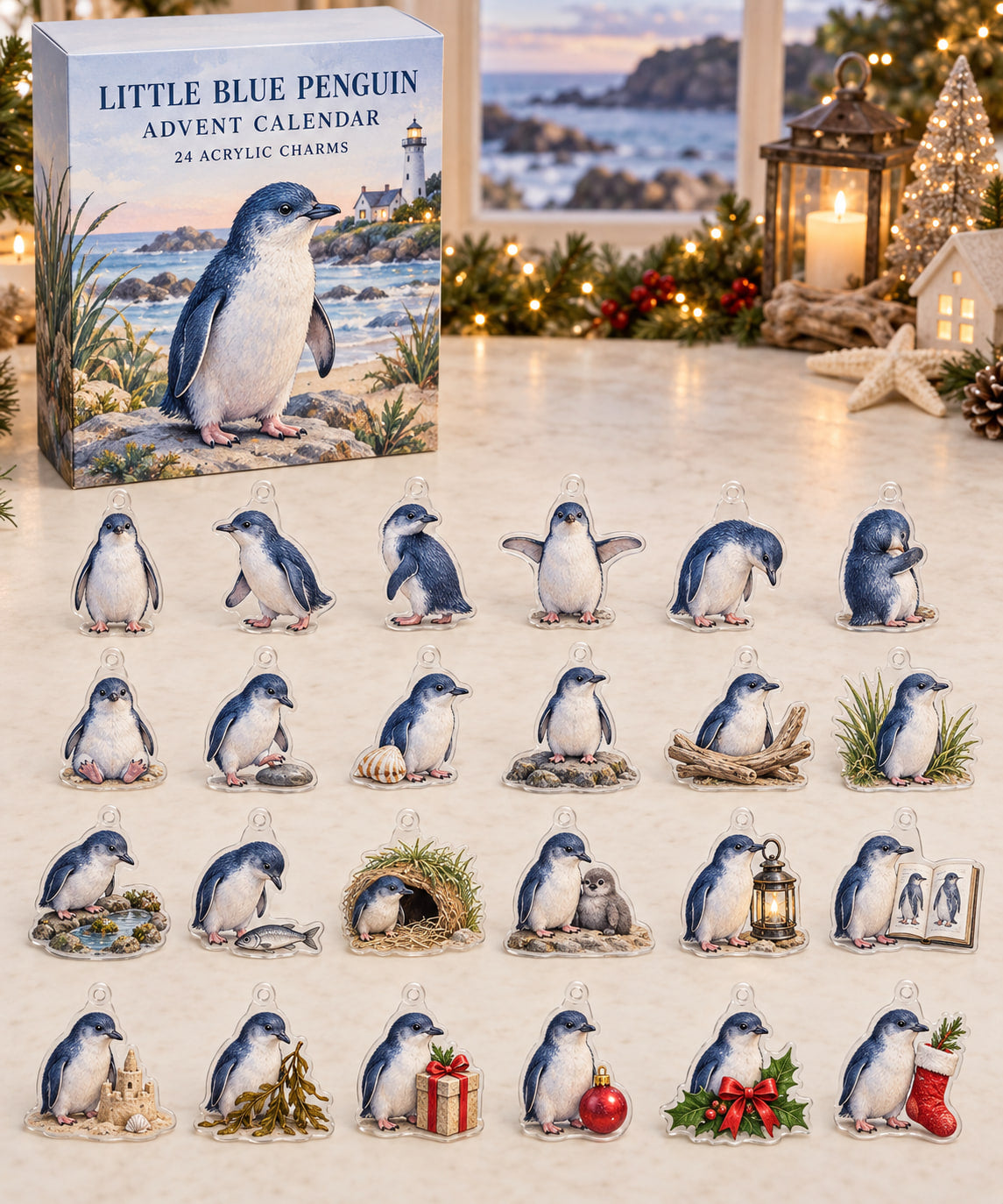 Little Blue Penguin advent calendar with 24 custom-shaped flat acrylic charms and printed dimensional artwork