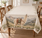 Llama Mountain Meadow Tablecloth with printed pack llama and layered meadow depth