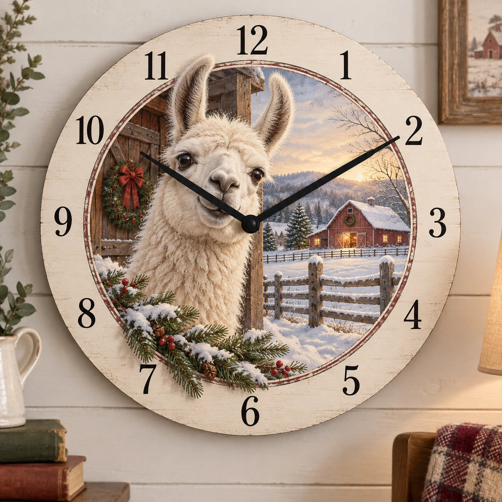 Llama Snowy Barn Wooden Wall Clock with flat printed llama and snowy barn depth