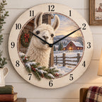 Llama Snowy Barn Wooden Wall Clock with flat printed llama and snowy barn depth