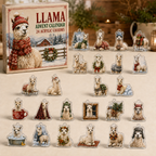 Llama advent calendar box and full set of 24 illustrated acrylic charms on a light tabletop