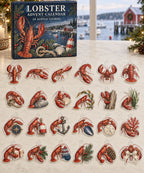 Lobster advent calendar with 24 custom-shaped flat acrylic charms and printed dimensional artwork