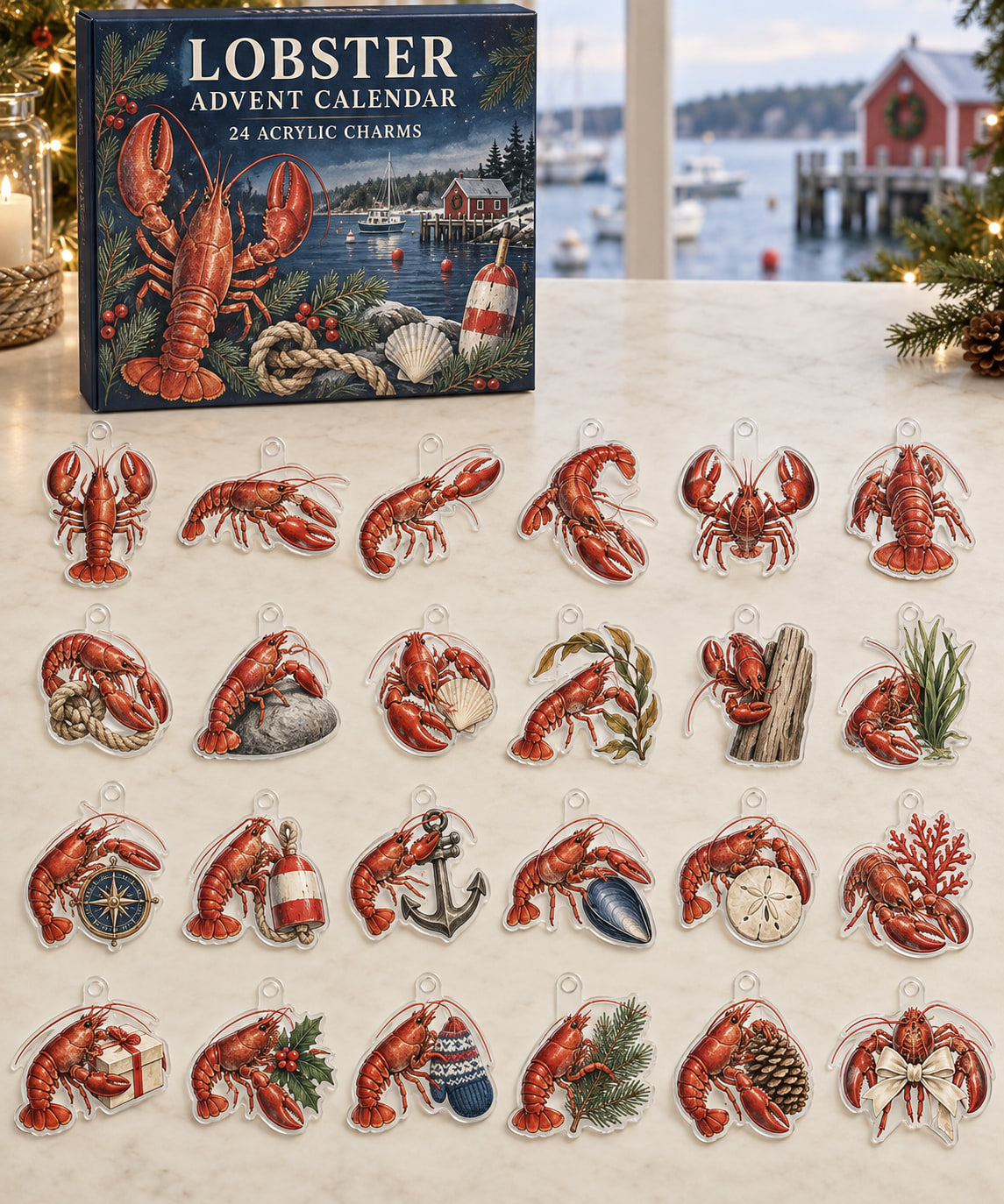 Lobster advent calendar with 24 custom-shaped flat acrylic charms and printed dimensional artwork