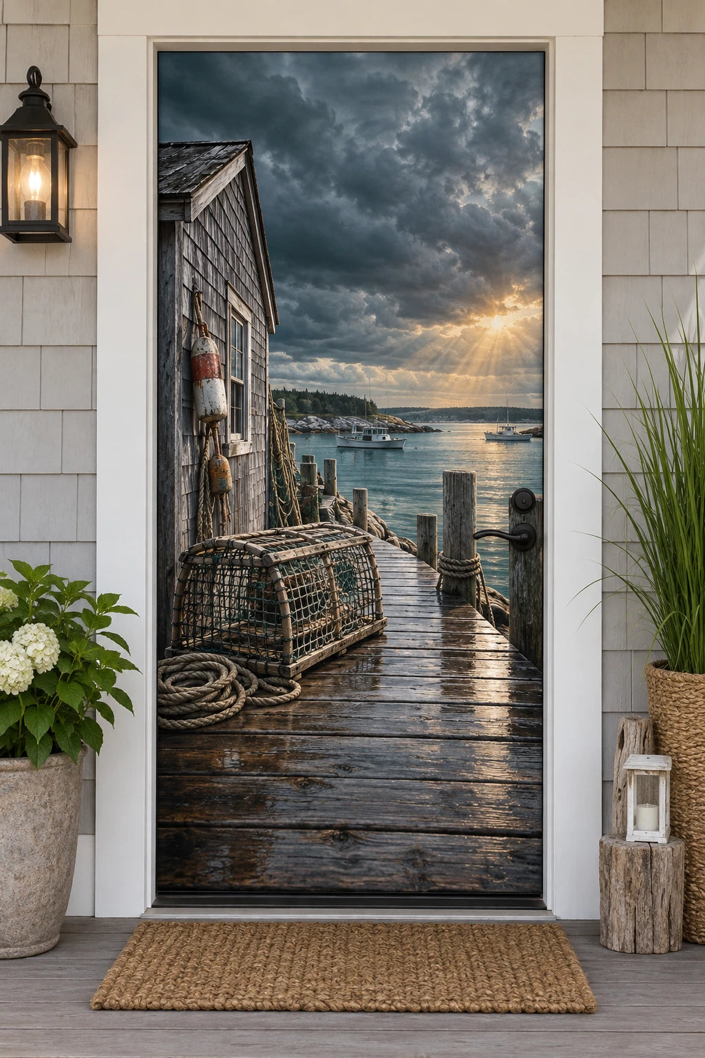 Lobster Shack Storm Clearing Fabric Door Cover with printed 3D coastal depth