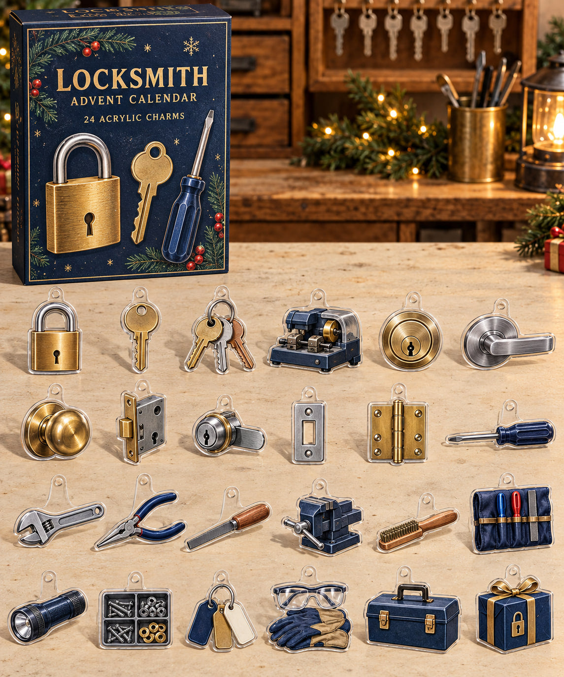 Locksmith advent calendar with 24 custom-shaped flat acrylic charms and printed dimensional artwork