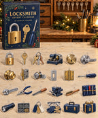 Locksmith advent calendar with 24 custom-shaped flat acrylic charms and printed dimensional artwork