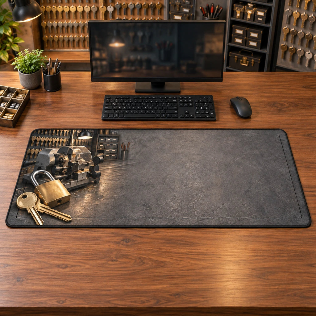 Locksmith Key Workshop Desk Mat with original printed optical 3D artwork