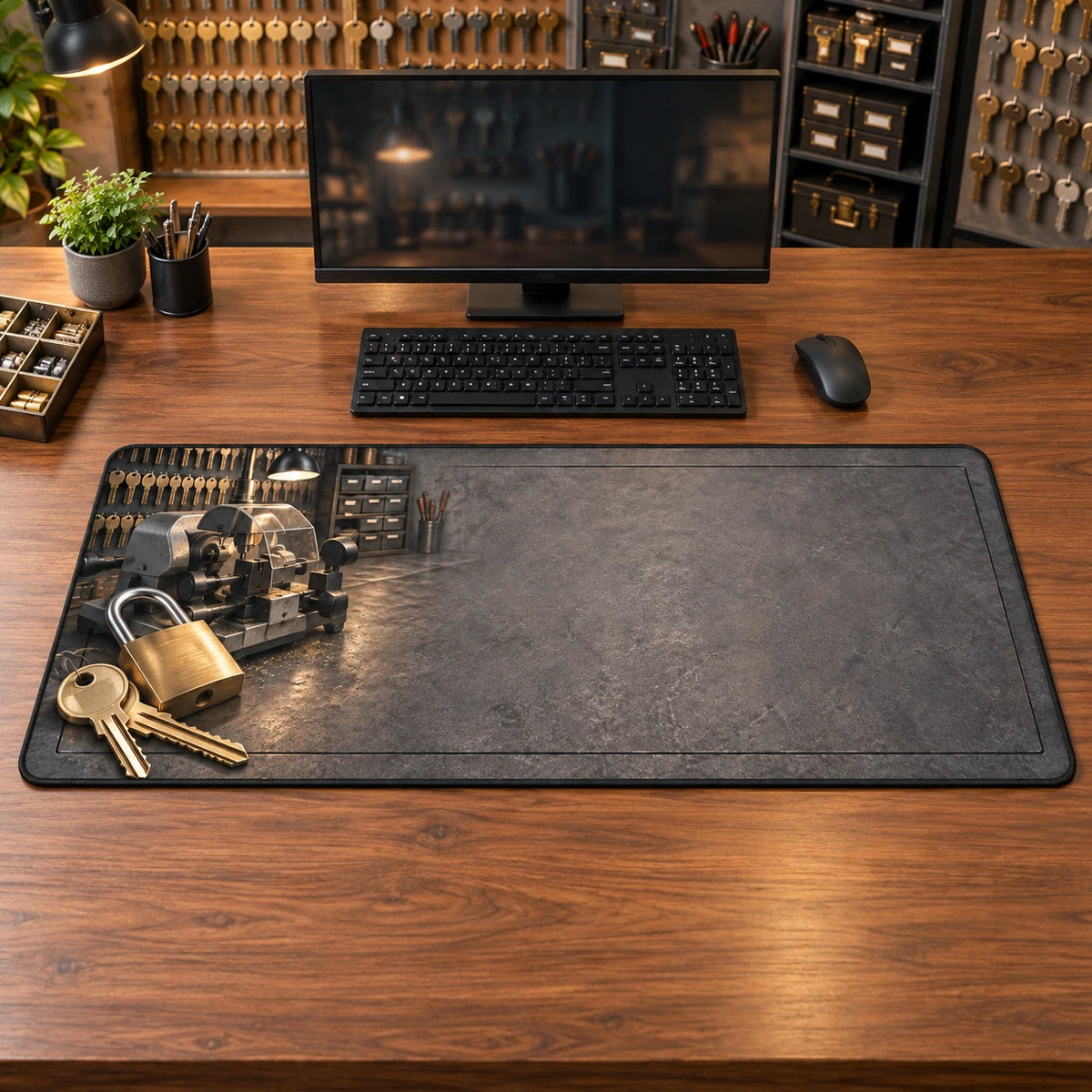 Locksmith Key Workshop Desk Mat with original printed optical 3D artwork