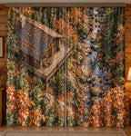 Log Cabin Autumn Creek Window Curtain Pair with printed aerial cabin and forest depth