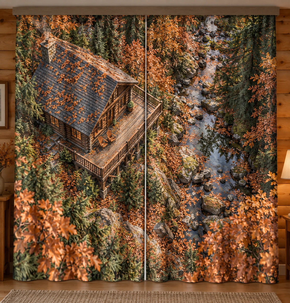 Log Cabin Autumn Creek Window Curtain Pair with printed aerial cabin and forest depth
