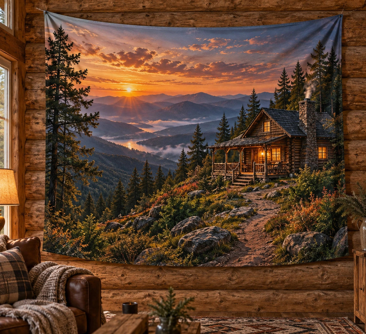 Log Cabin Sunset Ridge Wall Tapestry with printed dimensional artwork