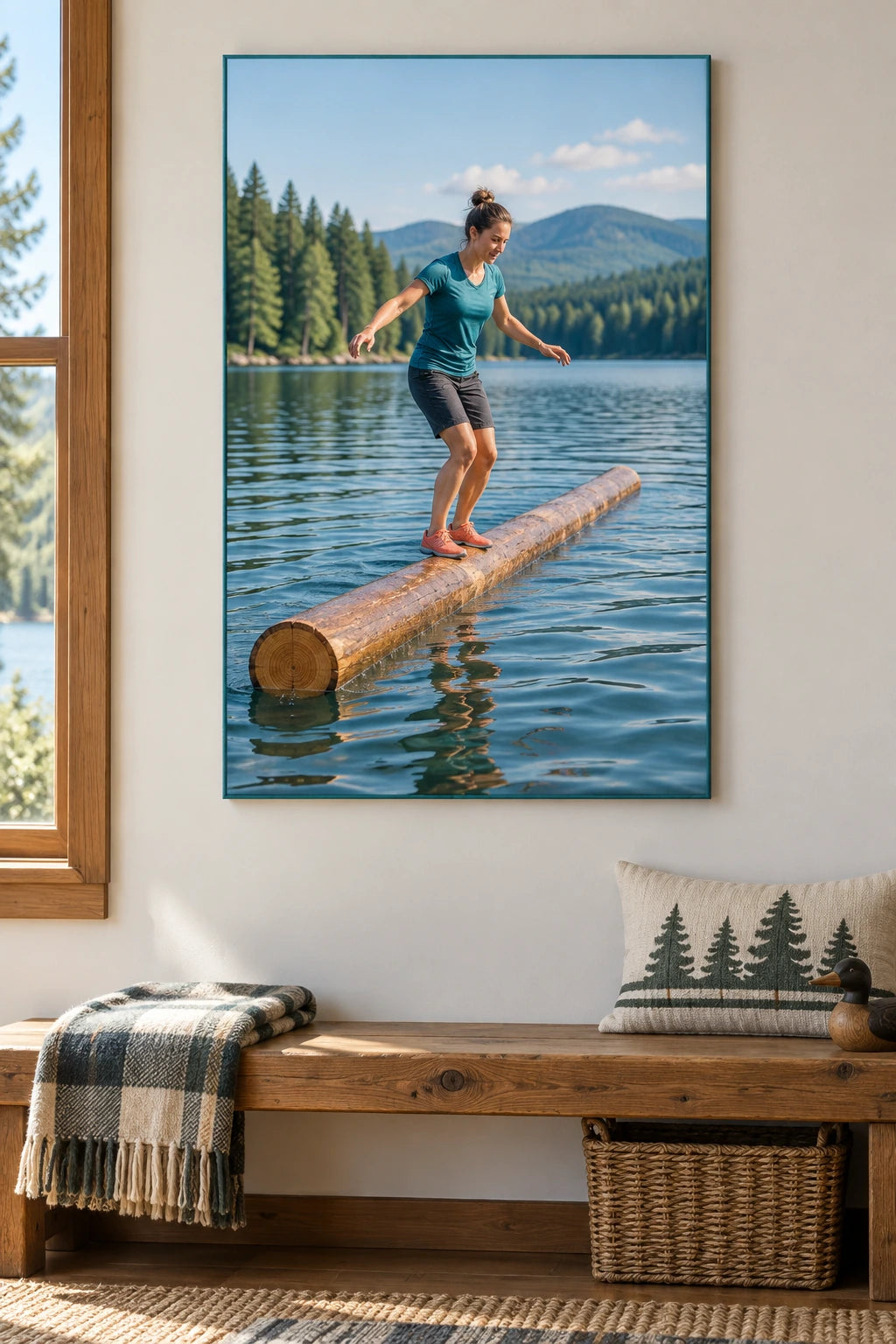 Log Rolling Lake Stretched Canvas Wall Art with original printed optical 3D artwork