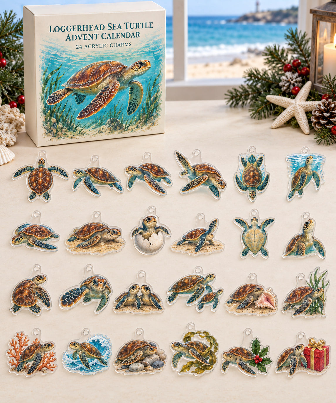 Loggerhead Sea Turtle advent calendar with 24 custom-shaped flat acrylic charms and printed dimensional artwork