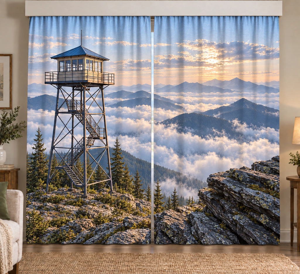 Lookout Tower Cloudbreak Window Curtain Pair with printed steel-frame and mountain depth
