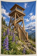 Lookout Tower Wildflower Wall Tapestry with flat printed lookout stairs and wildflower depth