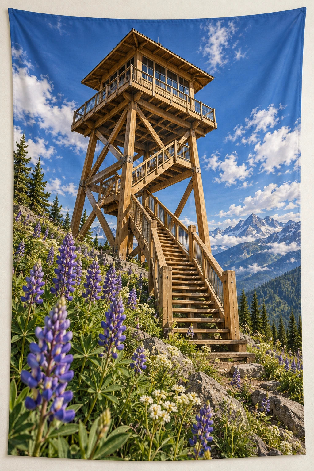 Lookout Tower Wildflower Wall Tapestry with flat printed lookout stairs and wildflower depth