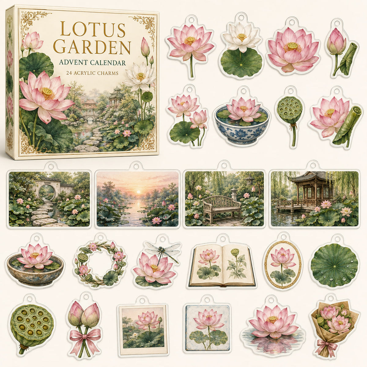 Lotus Flower advent calendar box with 24 printed acrylic botanical charms