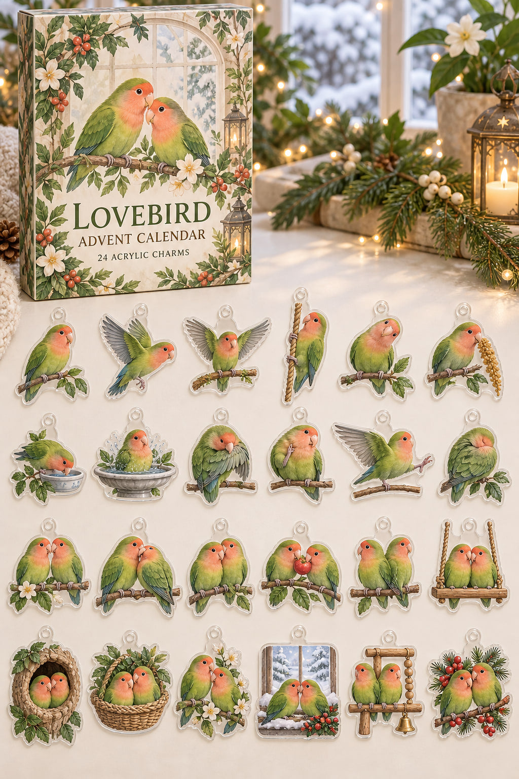 Lovebird advent calendar with 24 custom-shaped flat acrylic charms and printed dimensional artwork