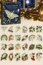 Luna Moth advent calendar with 24 custom-shaped flat acrylic charms and printed dimensional artwork