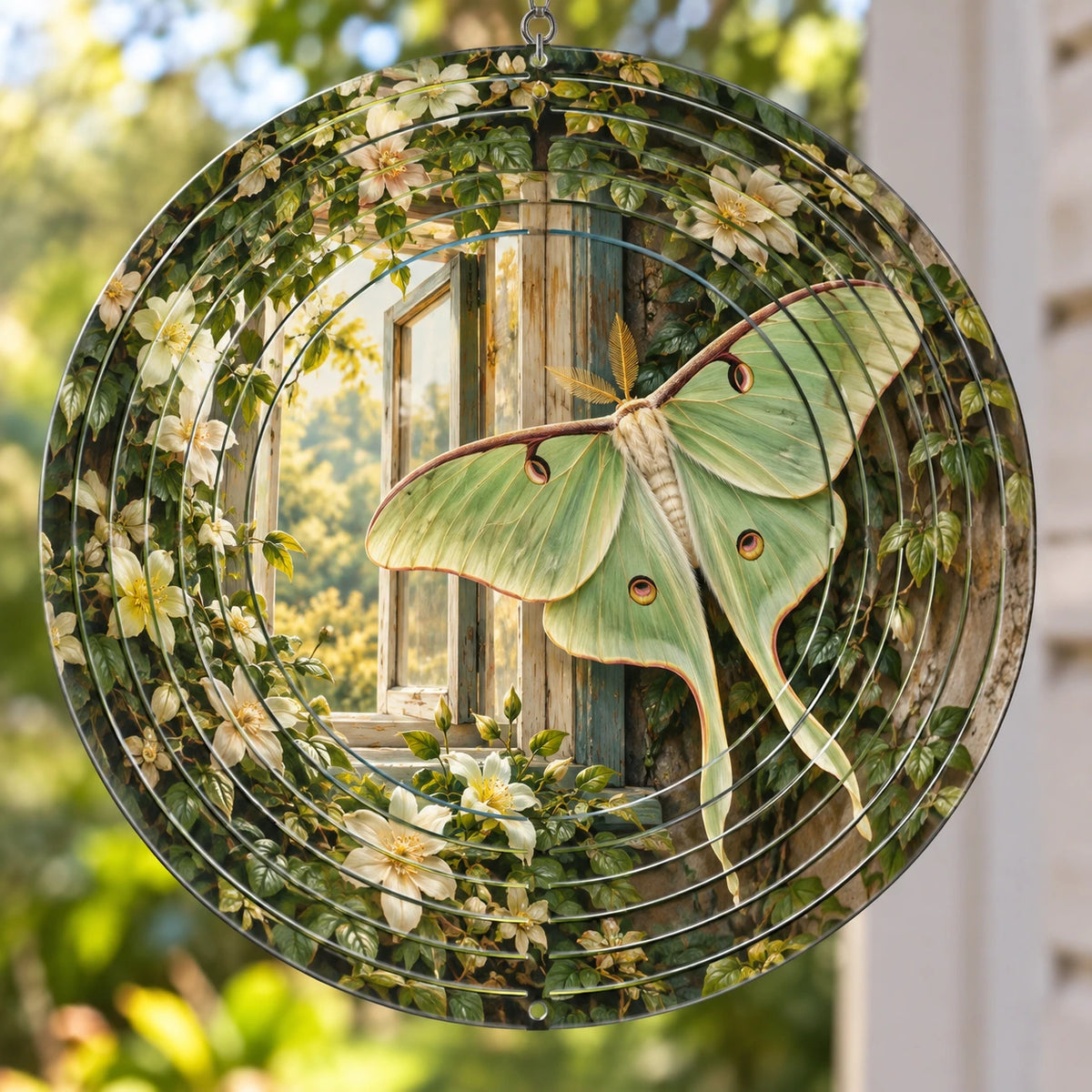 Luna Moth Cottage Window Wind Spinner with printed dimensional artwork