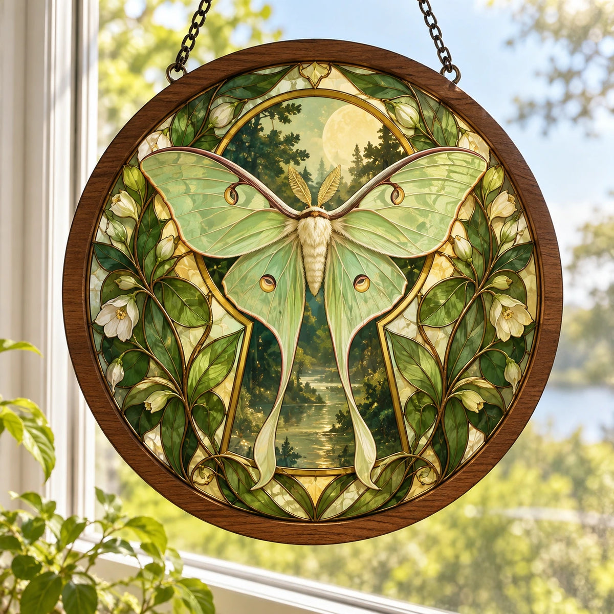 Luna Moth Garden Keyhole Wood & Acrylic Suncatcher with printed dimensional artwork