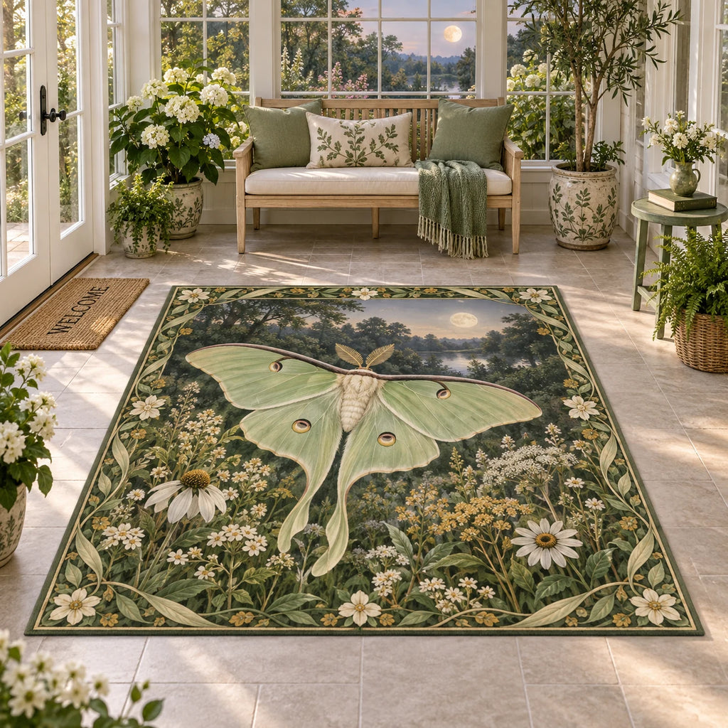 Complete rectangular rug with leafy flower border, luna moth and moonlit garden; all corners visible.