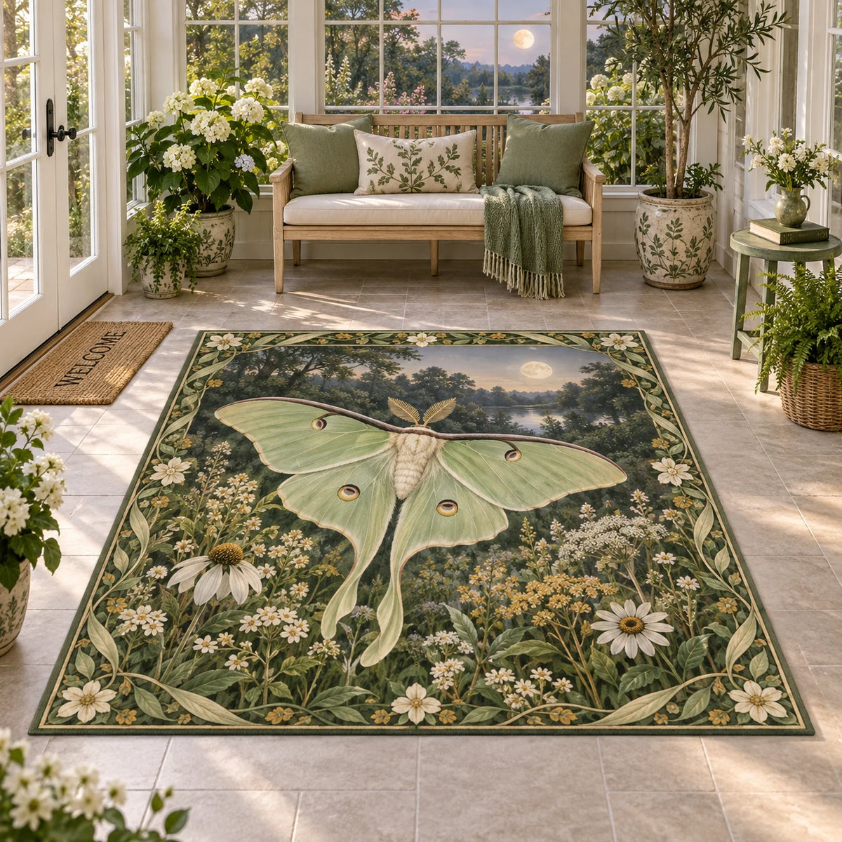 Complete rectangular rug with leafy flower border, luna moth and moonlit garden; all corners visible.