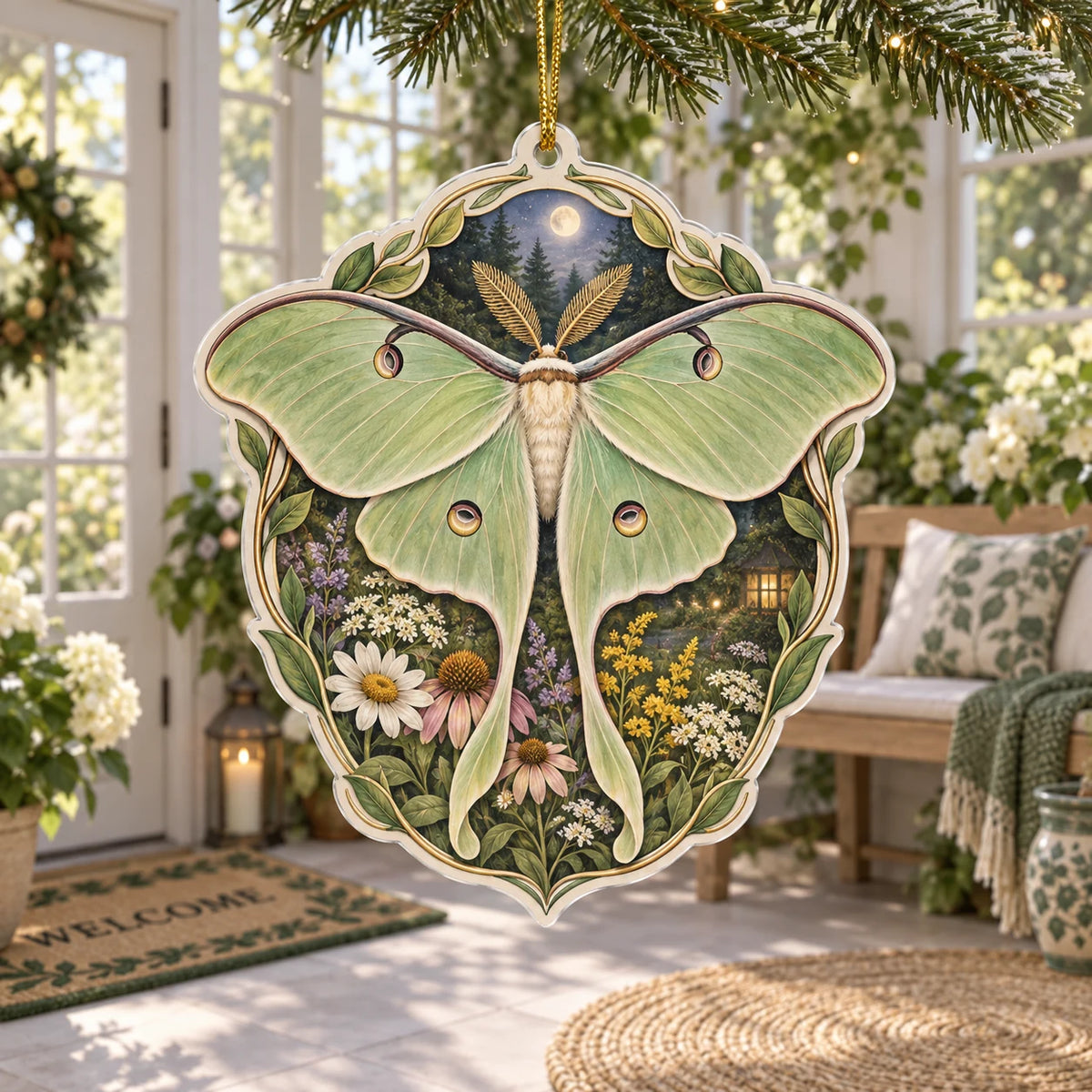 Complete acrylic ornament with supported gold cord and leafy ivory edge; luna moth over flowers beneath a moon.