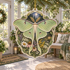 Complete acrylic ornament with supported gold cord and leafy ivory edge; luna moth over flowers beneath a moon.