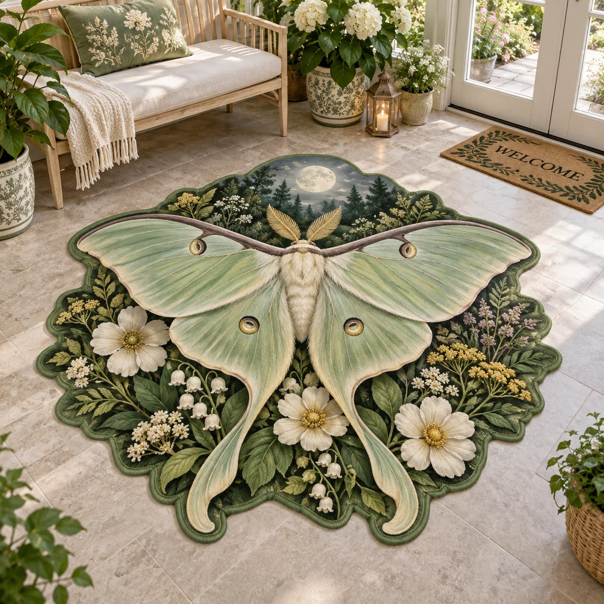 Complete custom silhouette with green binding around luna moth tails, flowers and moonlit trees.