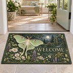 Complete doormat with correct WELCOME, luna moth and twilight garden inside a fine botanical border.