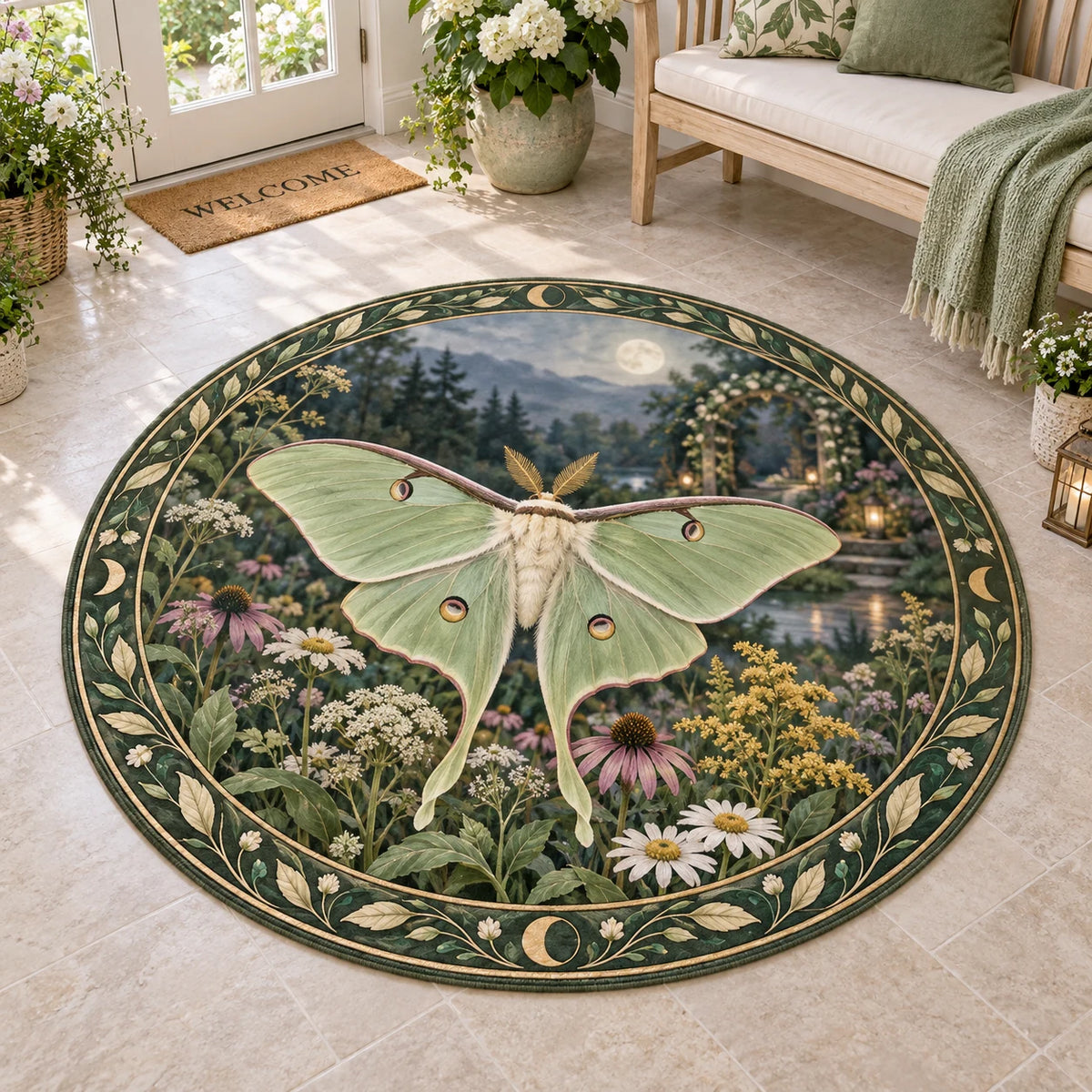Complete round rug with botanical moon ring, pale green luna moth with four eyespots and two tails over twilight flowers.