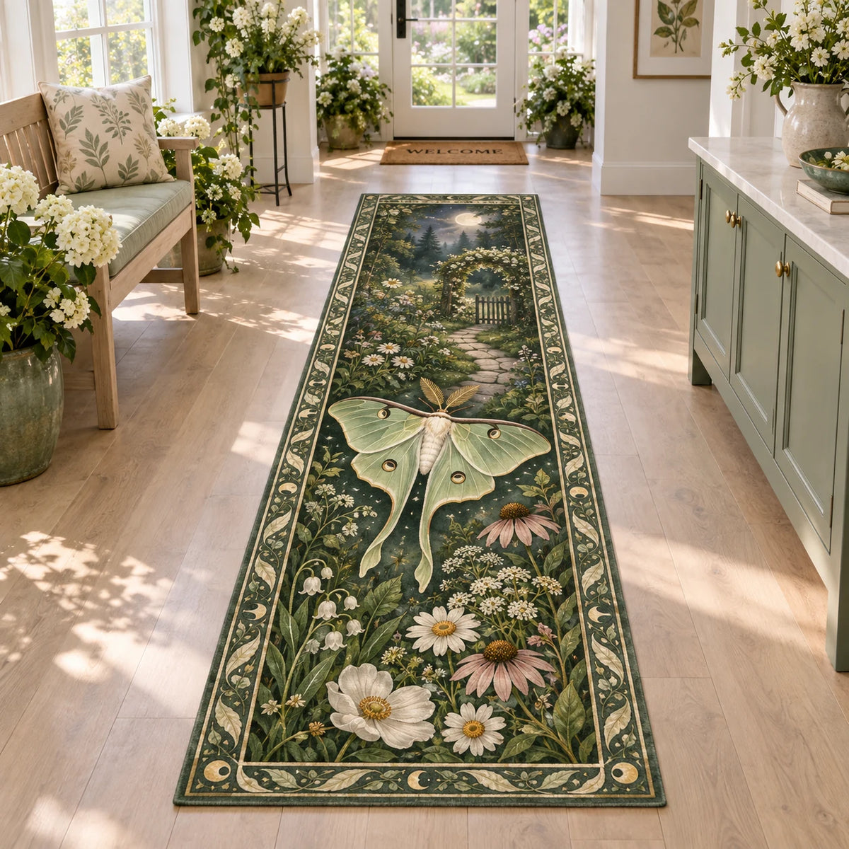 Complete runner with botanical moon border, luna moth foreground and flower-lined path to a moonlit gate.