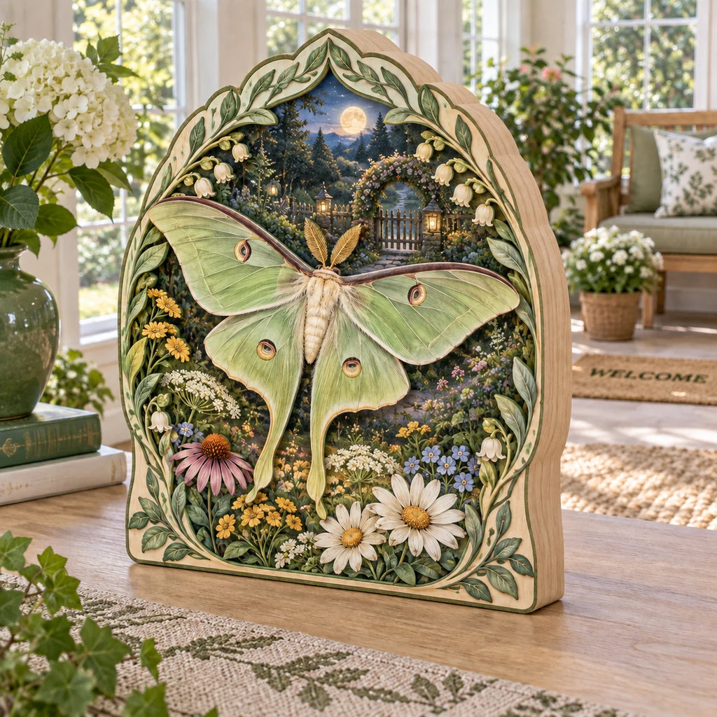 Revised three-panel tabletop wood block with broad side layers, continuous luna moth print and ivory leafy frame.