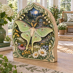 Revised three-panel tabletop wood block with broad side layers, continuous luna moth print and ivory leafy frame.