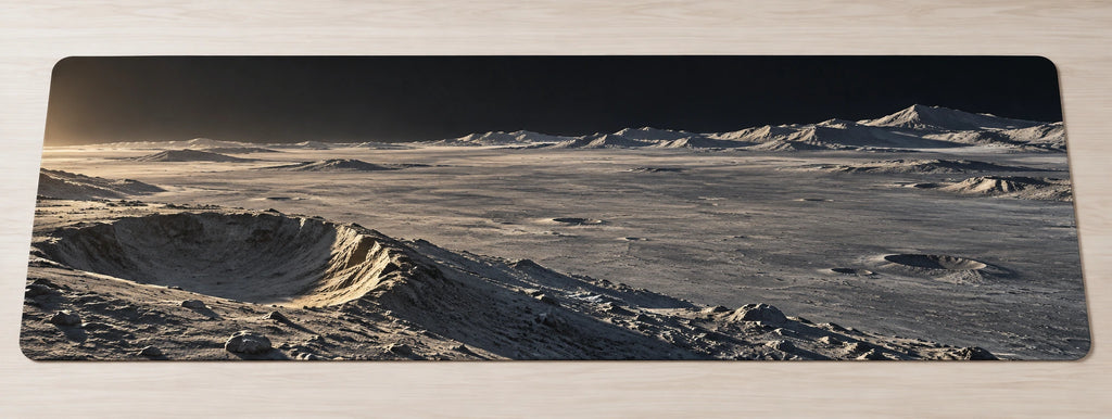 Lunar Crater Horizon Desk Mat with flat printed terrain and illustrated depth