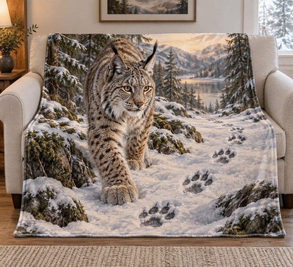 Lynx Snowy Footprints Fleece Blanket with printed dimensional artwork