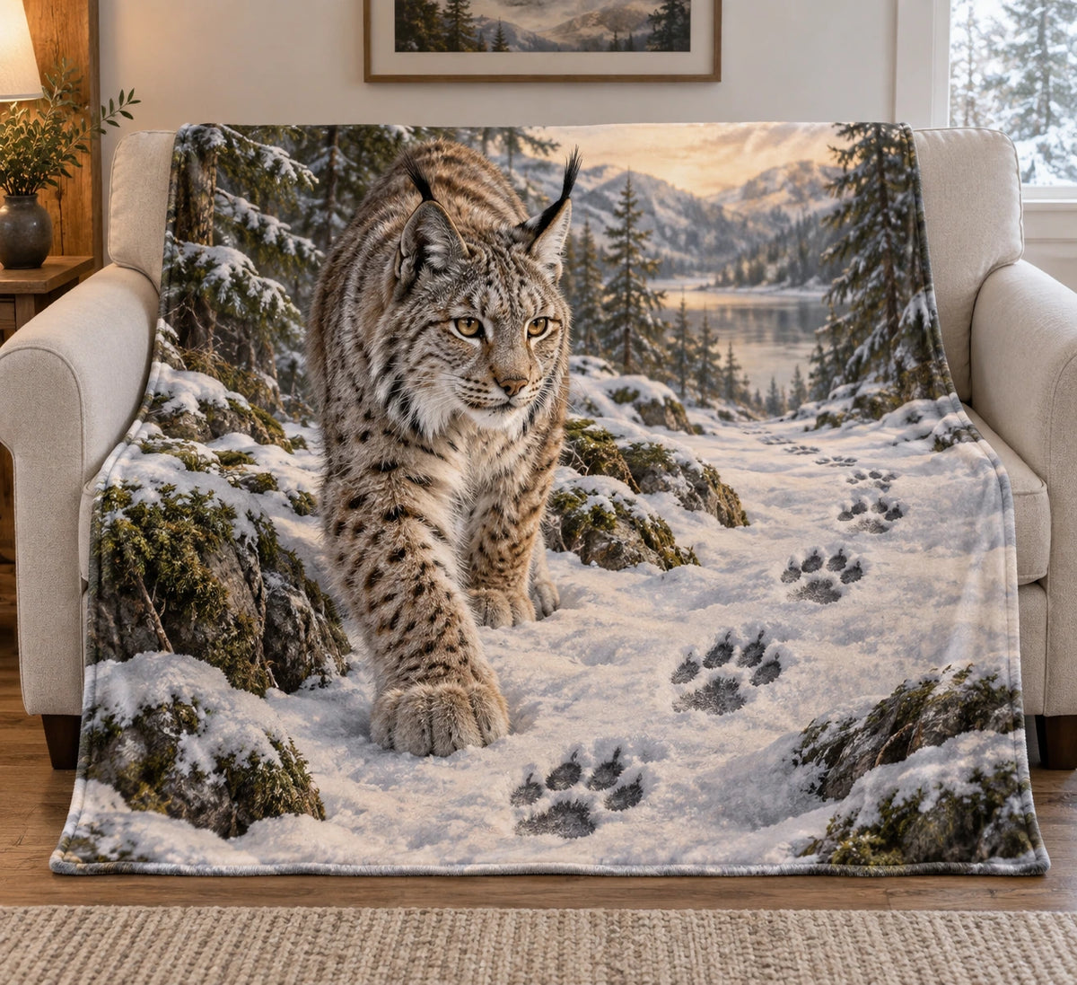 Lynx Snowy Footprints Fleece Blanket with printed dimensional artwork