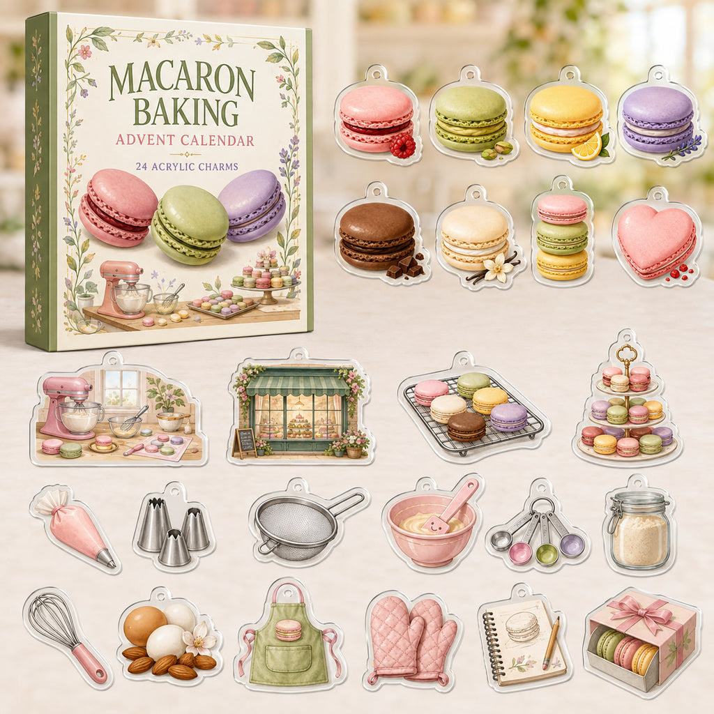 Macaron Baking advent calendar box with 24 decorative printed acrylic charms, not food